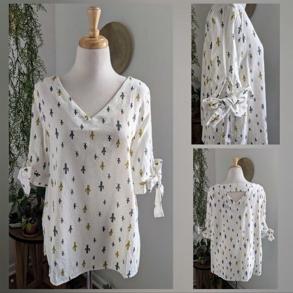 Amaryllis peasant off white cactus print top Sz S - Picture 2 of 8